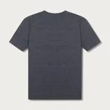 Camiseta deportiva de manga corta con diseño jaspeado, cuello redondo y dobladillo curvo. Presenta un pequeño logo reflectante en la parte inferior.