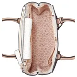 Cartera tipo satchel Guess modelo Reena, con estampado de monograma de la marca en color blanco y beige. Cuenta con doble asa superior, correa ajustable extraíble, cierre superior y dije metálico colgante con el logo de la marca.