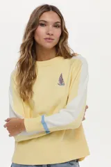 Sweater de punto color blanco con mangas raglán en azul y detalles en verde en los puños, cuello redondo y bordado de libélula en el pecho.