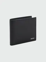 Billetera plegable Boss modelo Zair, color negro con textura fina y logo metálico plateado en la esquina inferior.