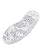 Championes Under Armour modelo W Official, de diseño minimalista en color blanco total. Presentan una parte superior de cuero sintético con el logo de la marca grabado en el lateral, cierre de cordones y suela de plataforma estable.