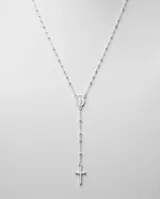 Gargantilla tipo rosario de plata 925, con cadena de eslabones y pequeñas cuentas intercaladas. Cuenta con una medalla colgante de la Virgen Milagrosa y un dije final en forma de cruz.