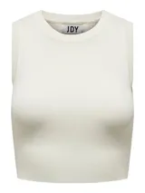 Top corto de punto sin mangas, color blanco, con cuello redondo y ajuste ceñido al cuerpo. Confeccionado por la marca JDY.