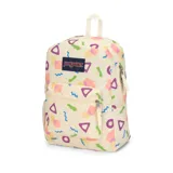 Mochila Jansport modelo Cross Town, color beige con estampado geométrico y abstracto en tonos verde, rosa, violeta y azul. Cuenta con un compartimento principal amplio, un bolsillo frontal con cierre, bolsillo lateral de red y parche con el logo de la marca en el frente.