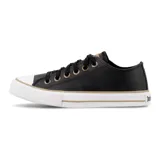 Zapatillas John Foos modelo 182 All Night, de eco cuero negro con forrería de algodón negro, cordones encerados negros, ojalillera color bronce, suela de caucho vulcanizado de alta resistencia y plantilla extraíble de caucho moldeado.