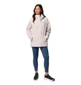Campera impermeable larga Columbia Hikebound II Long de color gris, con tecnología Omni-Tech, cuello alto, capucha ajustable y cierre frontal con solapa. Cuenta con bolsillos laterales con cremallera y puños ajustables.