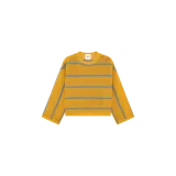 Sweater de punto abierto color amarillo mostaza con rayas horizontales celestes, de manga larga y cuello redondo.