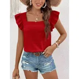 Blusa de color amarillo con textura fruncida, cuello cuadrado y mangas cortas con volados.