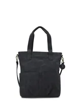Cartera tote de cuero sintético negro Hush Puppies, con doble asa superior, bolsillos frontales externos y llavero colgante decorativo.