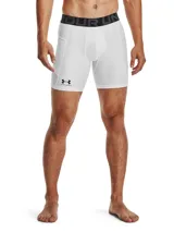 Short deportivo Under Armour HeatGear de compresión color blanco, con cintura elástica ancha en contraste con el nombre de la marca y logo en la pierna derecha.