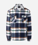 Campera de franela a cuadros con forro interno de sherpa, cuello tipo polo, cierre frontal con botones y bolsillos frontales con solapa.