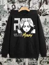 Canguro negro con capucha y bolsillo delantero, con estampado de Mikey del anime Tokyo Revengers.