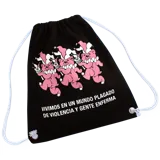 Mochila tipo bolso de jean color negro, con cordones blancos y estampado de osos de circo color rosa.