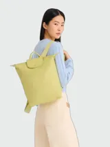 Mochila de tamaño mediano con diseño minimalista, confeccionada en material sintético de color verde claro. Presenta una solapa frontal con cierre de botón a presión, correas ajustables y un asa superior pequeña.