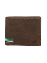 Billetera de cuero natural color marrón con detalle de cinta rayada en verde y blanco en la esquina inferior izquierda. Cuenta con múltiples ranuras para tarjetas, compartimento para billetes y tecnología RFID para protección de datos.
