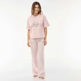 Conjunto de pijama de dos piezas compuesto por una remera de manga corta con estampado frontal del personaje Angel y un pantalón largo de corte recto con diseño a rayas verticales finas.
