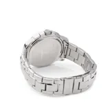 Reloj Maserati plateado con esfera negra, cronógrafo y correa de acero inoxidable.