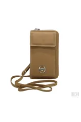 Porta celular Las Oreiro color beige, con diseño tipo bandolera, solapa frontal con cierre magnético y logo metálico distintivo de la marca. Incluye correa ajustable y cierre superior.