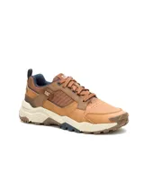 Sneaker Caterpillar modelo Grapple Leather para hombre, fabricado en cuero marrón con detalles en tonos tostados y azul oscuro, con suela dentada y entresuela de EVA.