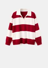 Sweater de punto con diseño de rayas horizontales rojas y blancas, cuello polo y escote en V.