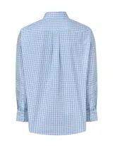 Camisa de manga larga con cuello abotonado, confeccionada en algodón con estampado de cuadros en tonos azules y blancos. Presenta cierre frontal con botones y bolsillo en el pecho con el logo de la marca bordado.