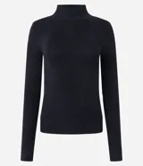 Blusa verde oscuro de viscosa con cuello alto y mangas largas con abertura en el puño.