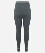 Legging deportiva color verde, confeccionada en poliamida, con cintura baja y rayas horizontales en blanco y gris.