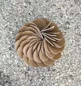 Broche con forma de flor color verde oliva, realizado artesanalmente en Italia con pétalos de cuero superpuestos. Se aplica con imán.