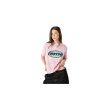 Remera oversize de manga corta Eme Studios modelo Oval Toadstool, color rosado con cuello redondo y estampado ovalado frontal en tonos verde y azul marino con efecto desgastado.