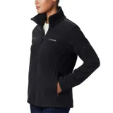 Campera Columbia de polar negro, suave y ligera, con ajuste favorecedor y diseño aerodinámico. Cuenta con dobladillo ajustable con cordón, bolsillos para las manos con cierre y bolsillo en la manga del brazo.