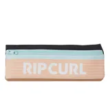 Cartuchera Rip Curl con diseño a rayas horizontales en tonos pastel, logo de la marca estampado en blanco y cierre superior con cremallera.