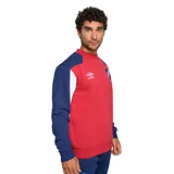Buzo deportivo Umbro del Club Nacional de Football, con diseño en color bordó, mangas azul marino con detalles en blanco, cuello redondo y puños elásticos.
