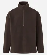 Saco deportivo negro de manga larga, confeccionado en tejido fleece, con cuello alto y cierre frontal parcial de cremallera. Presenta un corte recto y costuras horizontales a la altura del pecho.