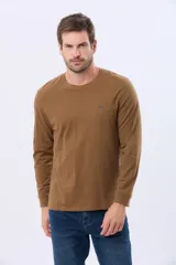 Remera manga larga lisa, color gris claro, con cuello redondo y logo bordado en el pecho.