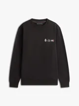 Buzo de cuello redondo Tommy Hilfiger, color negro, con logo bordado y detalle de escudo en el pecho. Presenta puños y ruedo acanalados.