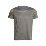 Remera deportiva gris de manga corta con detalles reflectantes en mangas y espalda.