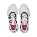 Championes Puma All-Day Active in Motion, color blanco con detalles en negro, gris, rosa y amarillo.