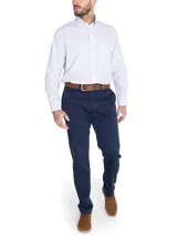 Camisa de manga larga RKF con diseño de rayas verticales finas en tonos azul y gris sobre fondo blanco. Presenta cuello button-down, bolsillo frontal en el pecho con logo bordado y puños ajustables con botones.