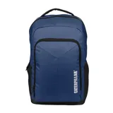 Mochila Caterpillar azul marino con detalles en negro. Cuenta con un compartimento principal grande, un bolsillo delantero con llavero fijo, bolsillos internos y un bolsillo lateral de red. El logo de Caterpillar está impreso en el frente y en las correas.