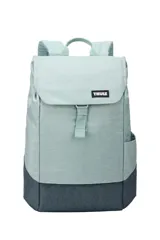 Mochila Thule Lithos de 16 litros, con diseño bicolor en tonos verde agua y gris oscuro. Cuenta con solapa superior ajustable con cierre de broche, compartimento acolchado para laptop, bolsillo lateral para botella y panel posterior acolchado para mayor comodidad.