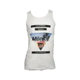 Musculosa blanca con estampado frontal de estilo playero que incluye palmeras y las inscripciones "California", "Santa Mónica Beach" y "Los Angeles".