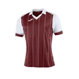 Remera deportiva Joma Grada para hombre, color borgoña con rayas verticales blancas y mangas blancas. Cuello tipo polo con escote en V y logo de Joma bordado en blanco en el pecho.