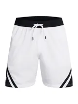 Short de básquet Under Armour Curry Mesh 4, de color blanco con detalles en negro, confeccionado en tejido de malla transpirable con bolsillos laterales con cierre.