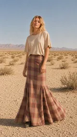 Falda larga de tiro alto y corte amplio con godets, confeccionada en tweed con estampado a cuadros en tonos rosado, verde y gris. Cuenta con cierre invisible en el lateral.