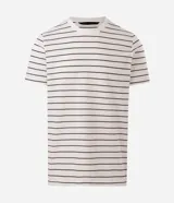 Remera Marfinno de corte regular, con cuello redondo y mangas cortas. Presenta un diseño de rayas finas horizontales con hilo teñido.