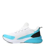 Championes deportivos Topper modelo Squat II, con diseño en color blanco, detalles en celeste y negro. Presentan una estructura de malla transpirable, cordones frontales y suela con tecnología de amortiguación.