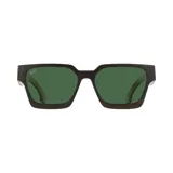 Lentes de sol con marco cuadrado de madera color marrón oscuro y lentes verdes.