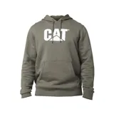 Canguro verde militar con capucha y cordones ajustables, bolsillo tipo canguro y logo de Caterpillar estampado en blanco.