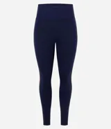 Legging deportiva de tiro alto en color azul marino, con franjas laterales en contraste de color bordó y beige. Confeccionada en microfibra elástica, ofrece un ajuste ceñido y cómodo para actividades físicas.