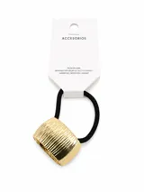 Colero de pelo negro con aplique cilíndrico metálico dorado con textura estriada.